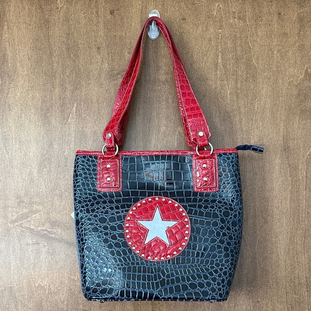 NWT Cleto Red and Navy Croc-Embossed Tote Bag